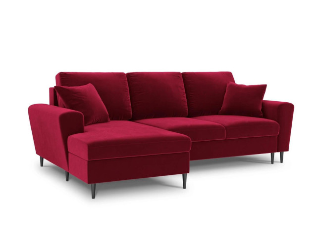 Canapea cu colt extensibila rosie/negru din catifea si lemn de pin pentru 4 persoane Moghan Besolux