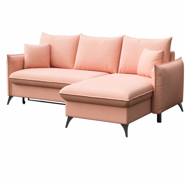 Canapea extensibila cu colt roz piersica din textil pentru 4 persoane Lilo Right Mesonica