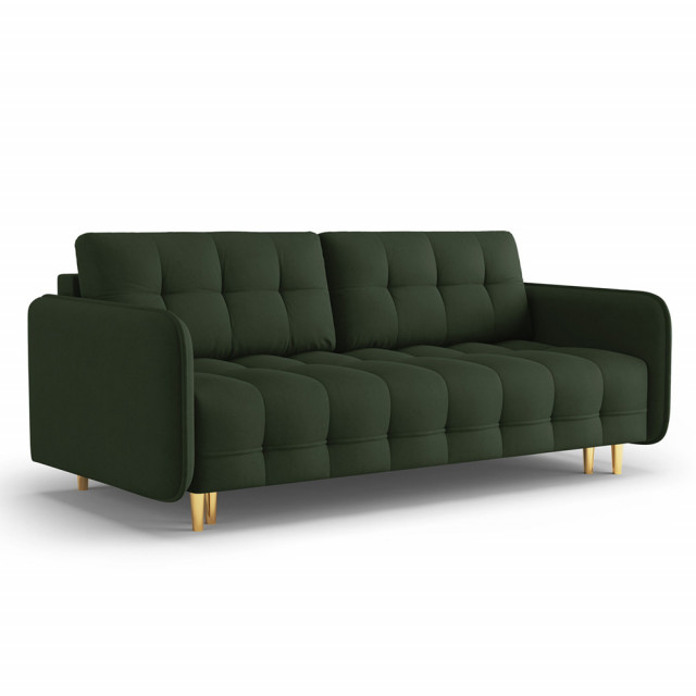 Canapea extensibila verde inchis/aurie din textil si lemn de pin pentru 3 persoane Scaleta Besolux