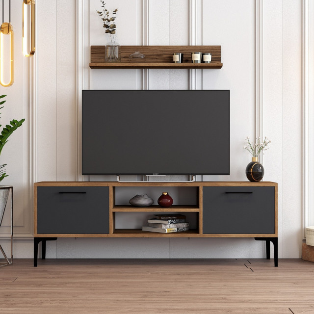 Comoda TV cu raft gri antracit/maro din lemn 140 cm Riga The Home Collection