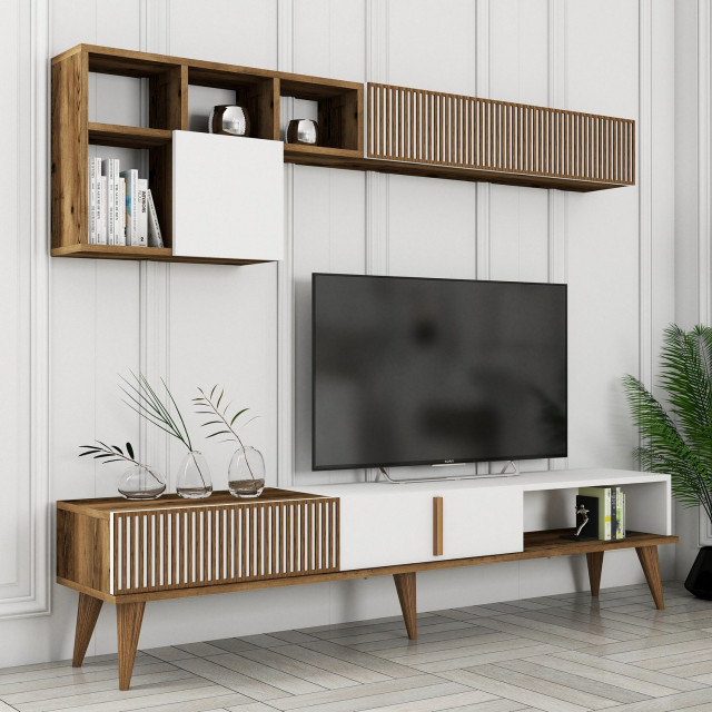 Comoda TV, masa de cafea si raft maro/alb din lemn Milan Evo The Home Collection