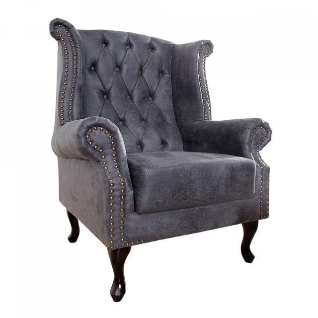 Fotoliu gri antichizat din poliester si lemn Chesterfield Look The Home Collection