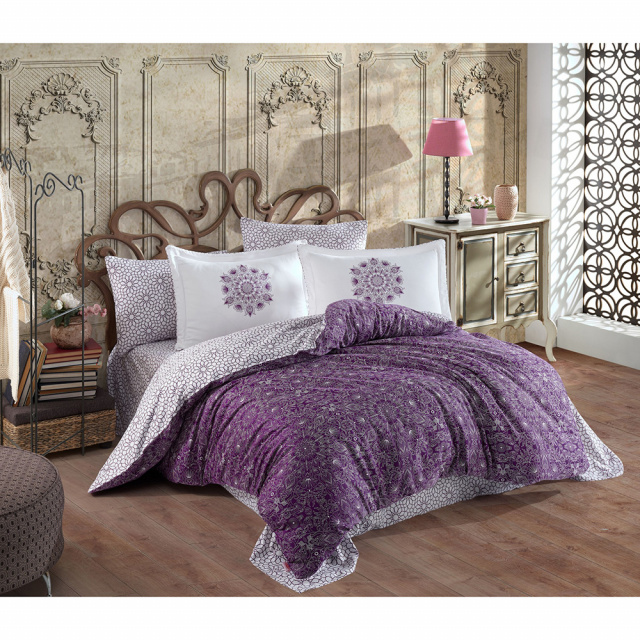 Lenjerie pat lila/alba din bumbac Marcella Double The Home Collection
