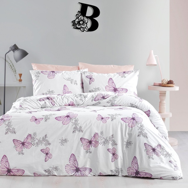 Lenjerie pat mov/alba din bumbac Butterfly Double The Home Collection