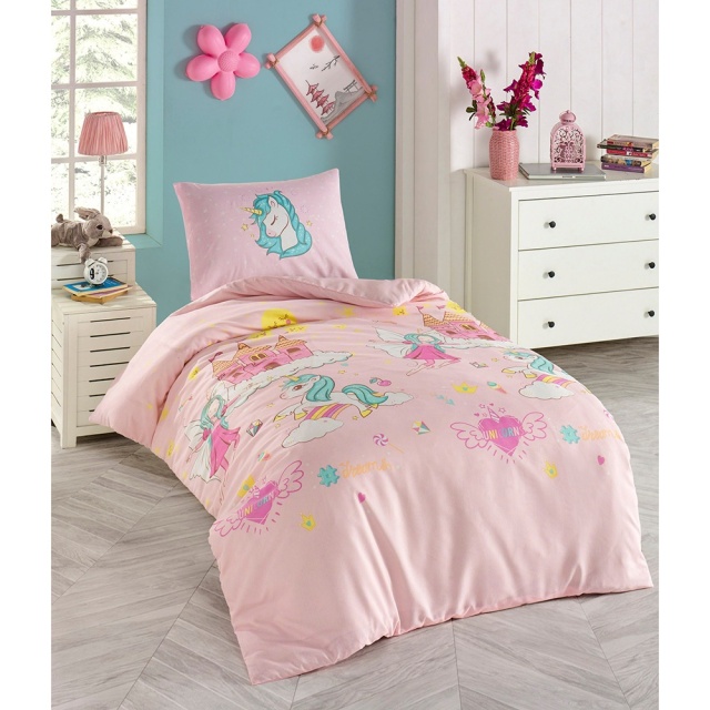 Lenjerie pat roz din bumbac Unicorn Dreams Single The Home Collection