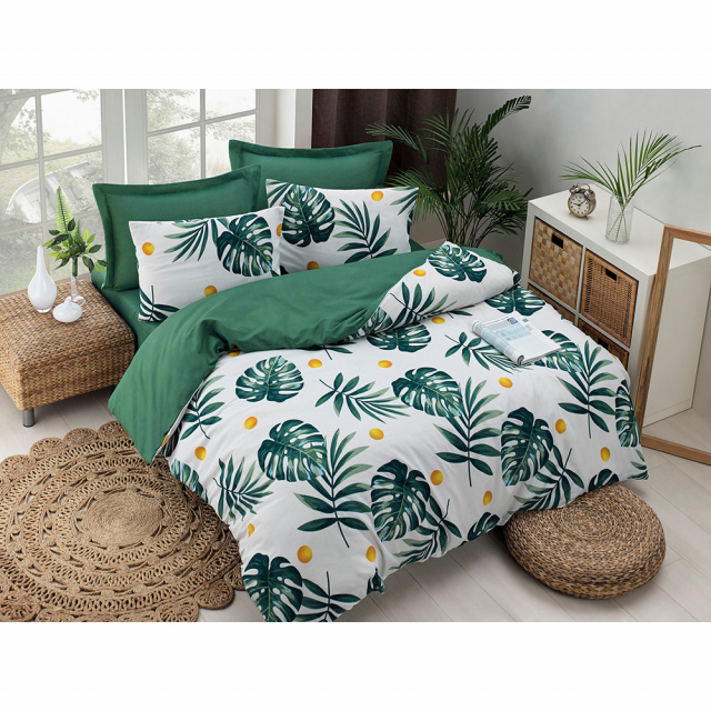 Lenjerie pat verde/multicolora din bumbac Monstera Three Double The Home Collection