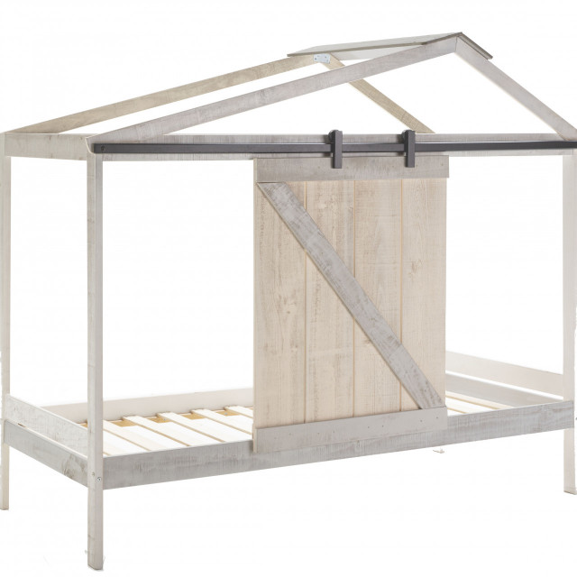 Pat cu baldachin gri/crem din lemn de pin si MDF 90x190 cm Lara The Home Collection