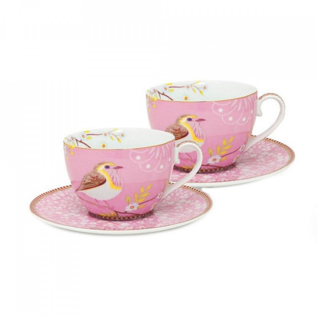 Set 2 ceasti cu farfurioare multicolore din portelan 280 ml Early Bird Pink Pip Studio