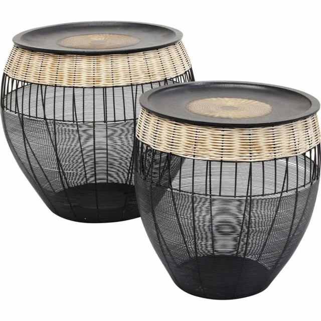 Set 2 mese de cafea maro/negre din aluminiu si ratan African Drums Kare