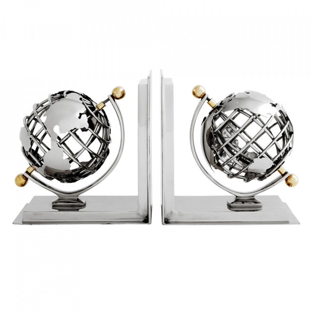 Set 2 suporturi pentru carti argintii din inox si aluminiu Globe Eichholtz