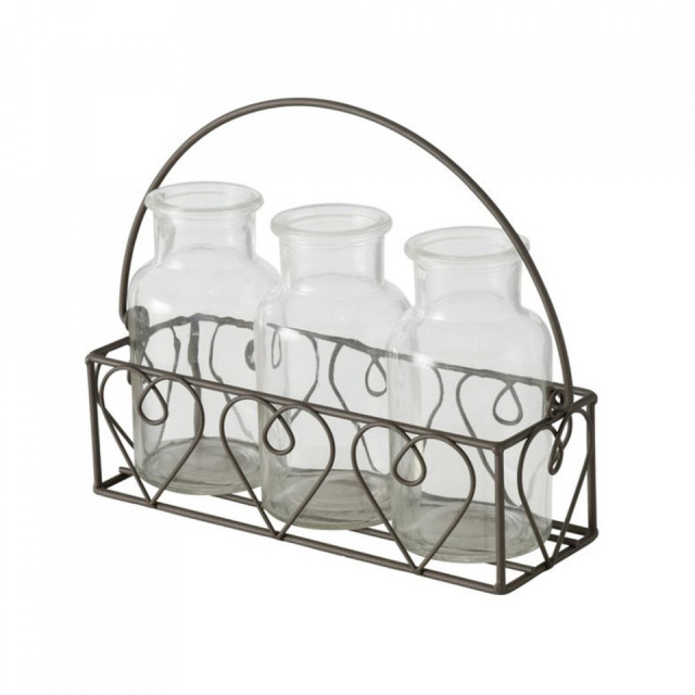 Set 3 vaze cu suport maro ruginiu/transparent din sticla si fier Lotta Boltze