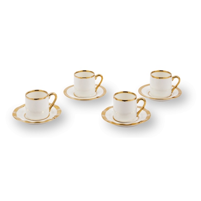 Set 4 cesti cu farfurioare albe/aurii din ceramica 110 ml Finds Pols Potten