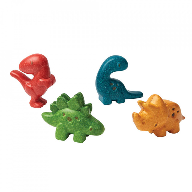 Set 4 jucarii multicolore din lemn Dino Plan Toys