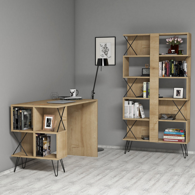 Set birou cu etajera maro deschis/negru din lemn Extra The Home Collection