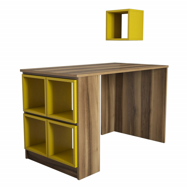 Set birou cu raft maro/galben din lemn Box The Home Collection