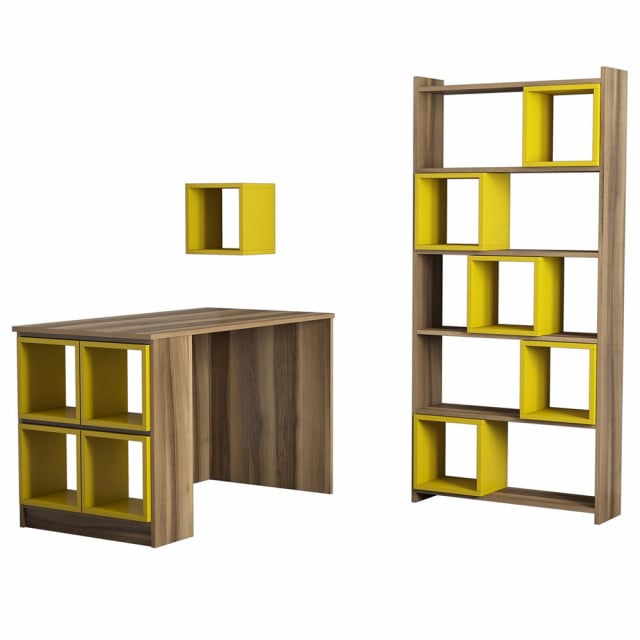 Set birou cu raft si etajera maro/galbena din lemn Box The Home Collection