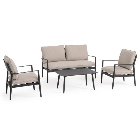Set canapea exterior cu 2 fotolii si masa de cafea gri antracit din metal Nebula Bizzotto