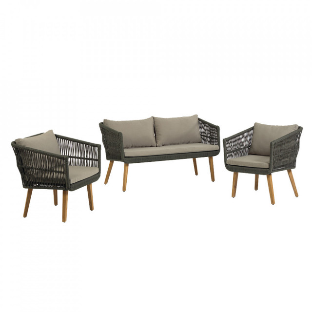 Set canapea si 2 fotolii verzi/maro din material textil si lemn Inti Kave Home