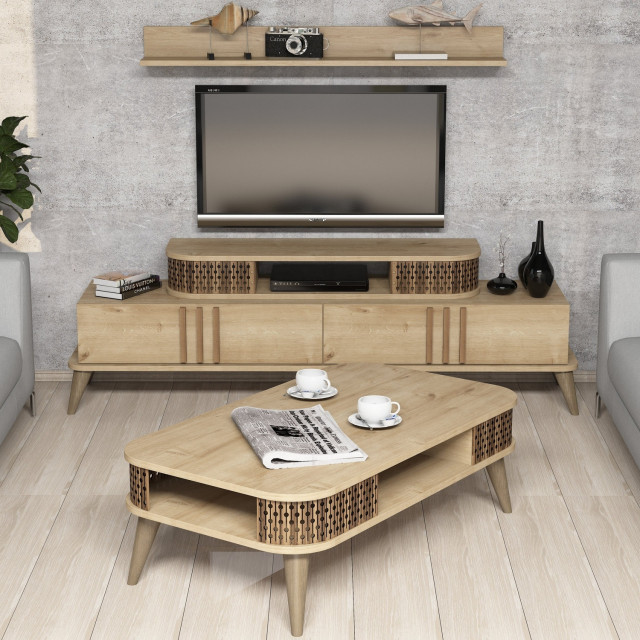Set comoda TV, 2 rafturi si masa de cafea maro din lemn Eylul The Home Collection