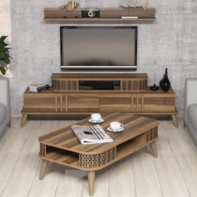 Set comoda TV, 2 rafturi si masa de cafea maro inchis din lemn Eylul The Home Collection