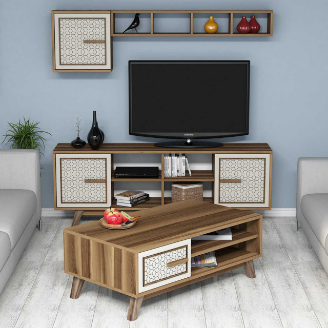 Set comoda TV, raft, dulap si masa de cafea maro/crem din lemn Ayla The Home Collection
