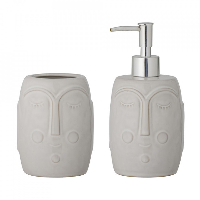 Set dispenser sapun lichid si suport pentru periute gri din ceramica Niga Bloomingville