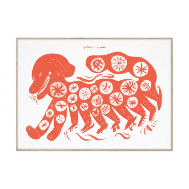 Tablou rosu cu rama din lemn 50x70 cm Chinese Dog Red Paper Collective