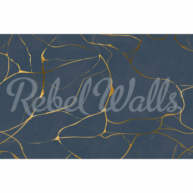 Tapet auriu/albastru din hartie cu fibre de nailon Gold Swirl Rebel Walls