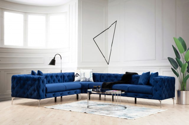 Canapea cu colt albastru inchis din textil pentru 4 persoane Como Left The Home Collection