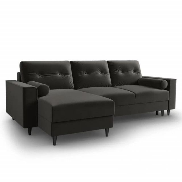 Canapea cu colt extensibila gri inchis/neagra din catifea si lemn de pin pentru 4 persoane Leona Besolux
