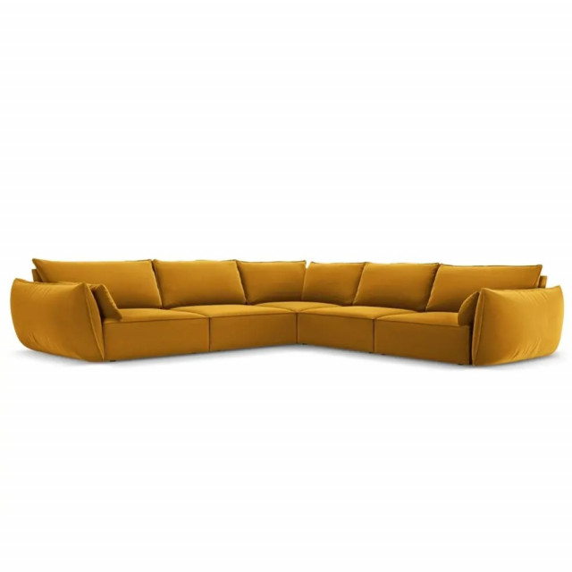 Canapea cu colt galben din catifea si lemn de pin pentru 7 persoane Kaelle Besolux