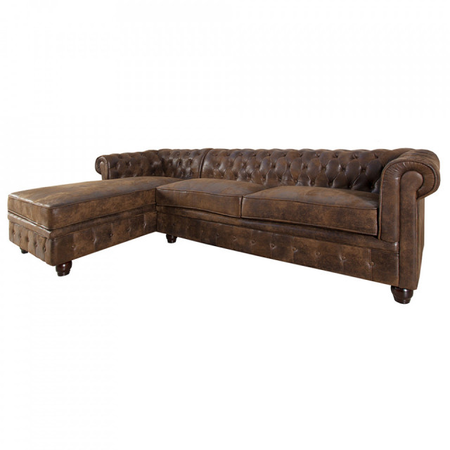 Canapea cu colt maro din poliester si lemn 280 cm Chesterfield Left The Home Collection
