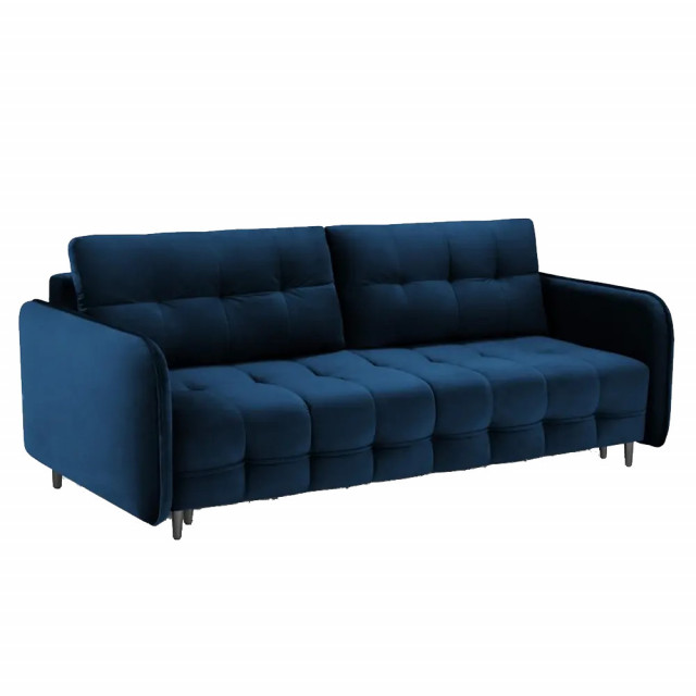 Canapea extensibila albastra royal/neagra din catifea si lemn de pin pentru 3 persoane Scaleta Besolux