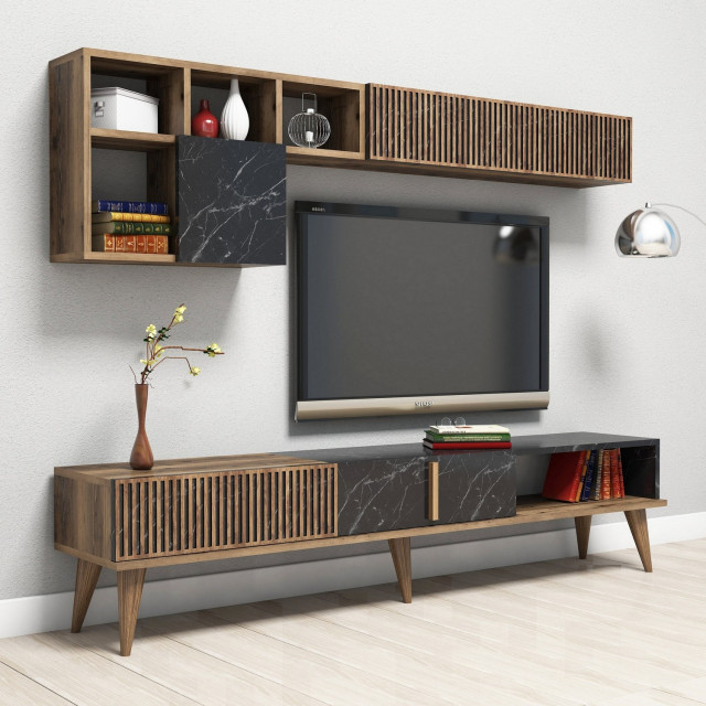 Comoda TV, masa de cafea si raft maro/negru din lemn Milan The Home Collection