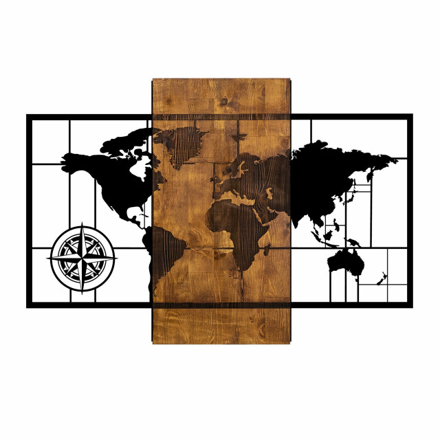 Decoratiune de perete maro/neagra din lemn 58x85 cm World Map With Compass The Home Collection