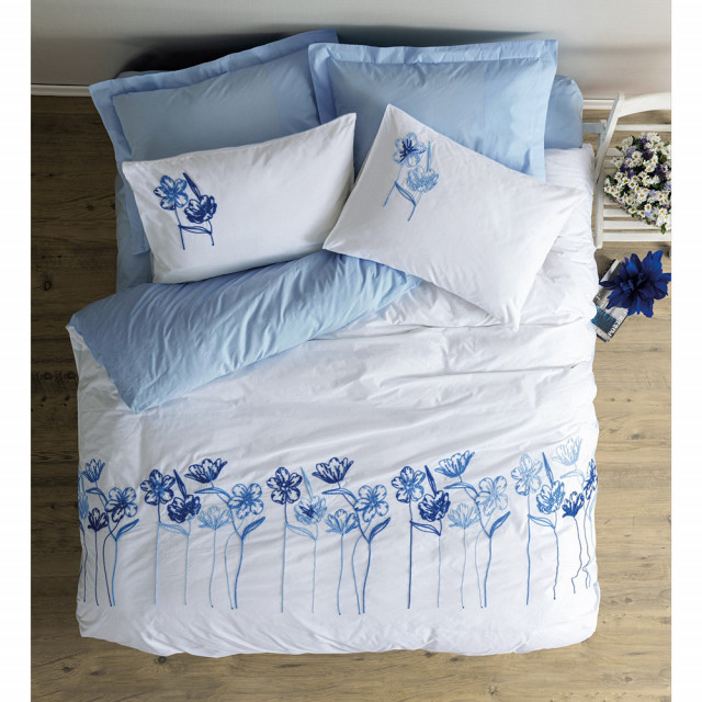 Lenjerie pat albastra/alba din textil Onella The Home Collection