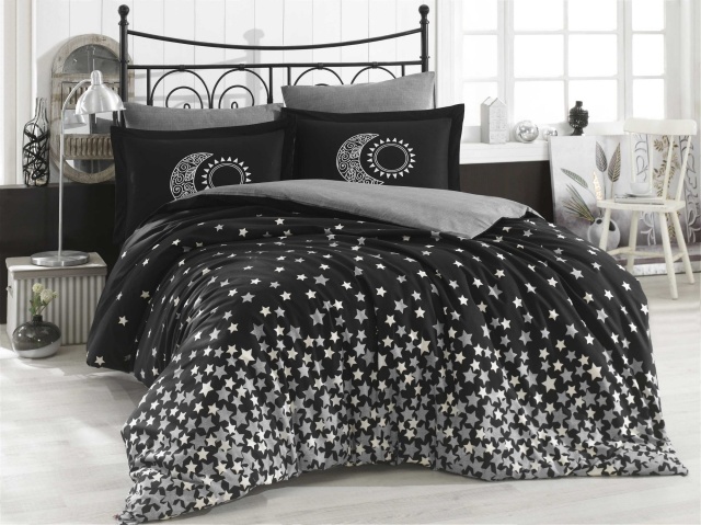 Lenjerie pat negru/alba din bumbac Stars Double The Home Collection