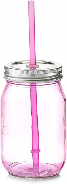 Pahar cu capac si pai roz din plastic 450 ml Color Zeller