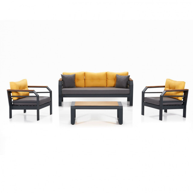 Set 2 fotolii, canapea si masa cafea exterior galben/negru din metal Assento Three The Home Collection