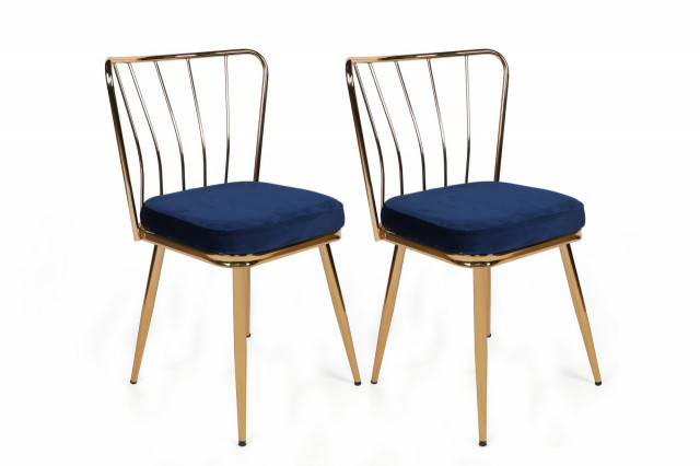 Set 2 scaune dining albastru inchis/aurii din catifea Ydal The Home Collection