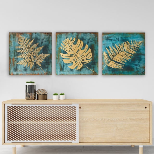 Set 3 tablouri albastre/aurii din fibre naturale 30x30 cm Leaves The Home Collection