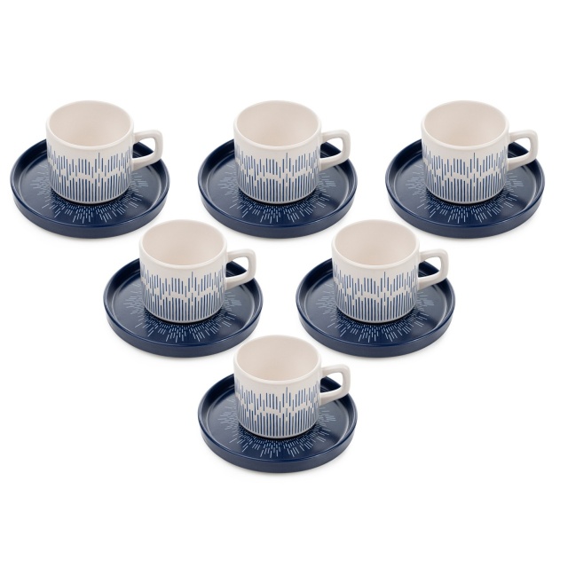 Set 6 cesti cu farfurioara albastre/albe din ceramica Tev The Home Collection