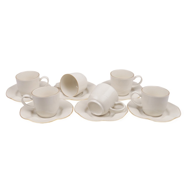 Set 6 cesti cu farfurioara albe/aurii din ceramica 80 ml Cat The Home Collection