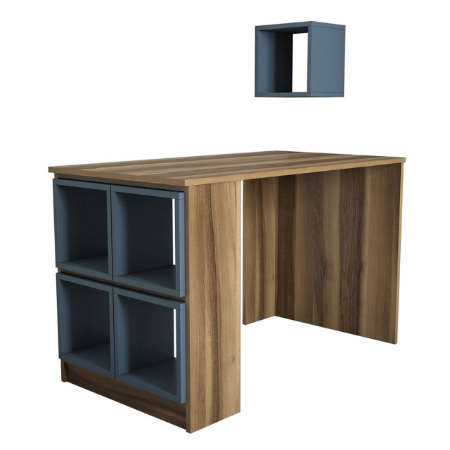 Set birou cu raft maro/albastru din lemn Box The Home Collection