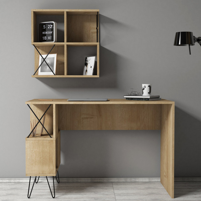 Set birou cu raft maro deschis/negru din lemn Extra 2 The Home Collection