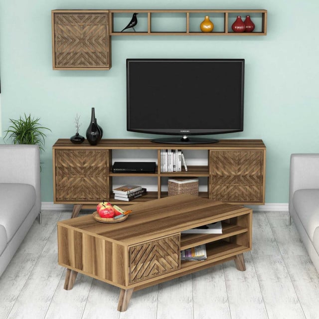 Set comoda TV, 2 rafturi si masa de cafea maro din lemn Inci The Home Collection