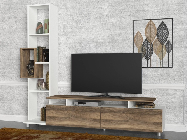 Set comoda TV cu etajera maro/albe din lemn Rega The Home Collection