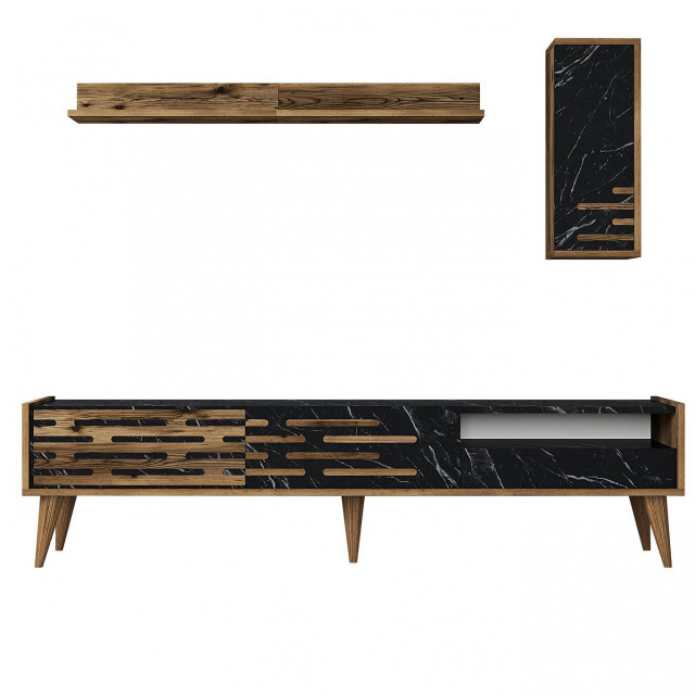 Set comoda TV, raft si dulap maro/negre din lemn Valensya The Home Collection