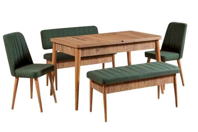 Set masa dining cu 2 banci si 2 scaune maro/verde din lemn Vina The Home Collection