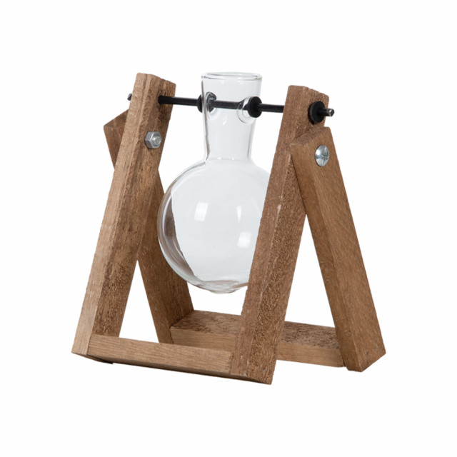 Vaza cu suport maro din sticla si lemn 15 cm Kitam Esschert Design